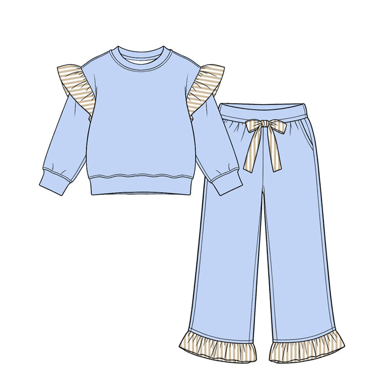 (Preorder new) No moq cotton fabric solid color Baby Girls stripe sweater Flutter sleeves long sleeve set