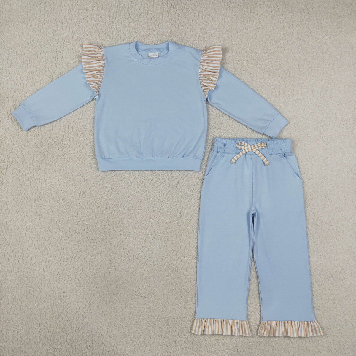 RTS NO MOQ Sibling cotton Baby Girls Green Light Blue Long Sleeve Top With Striped Ruffle And Matching Shorts Or Pants Set