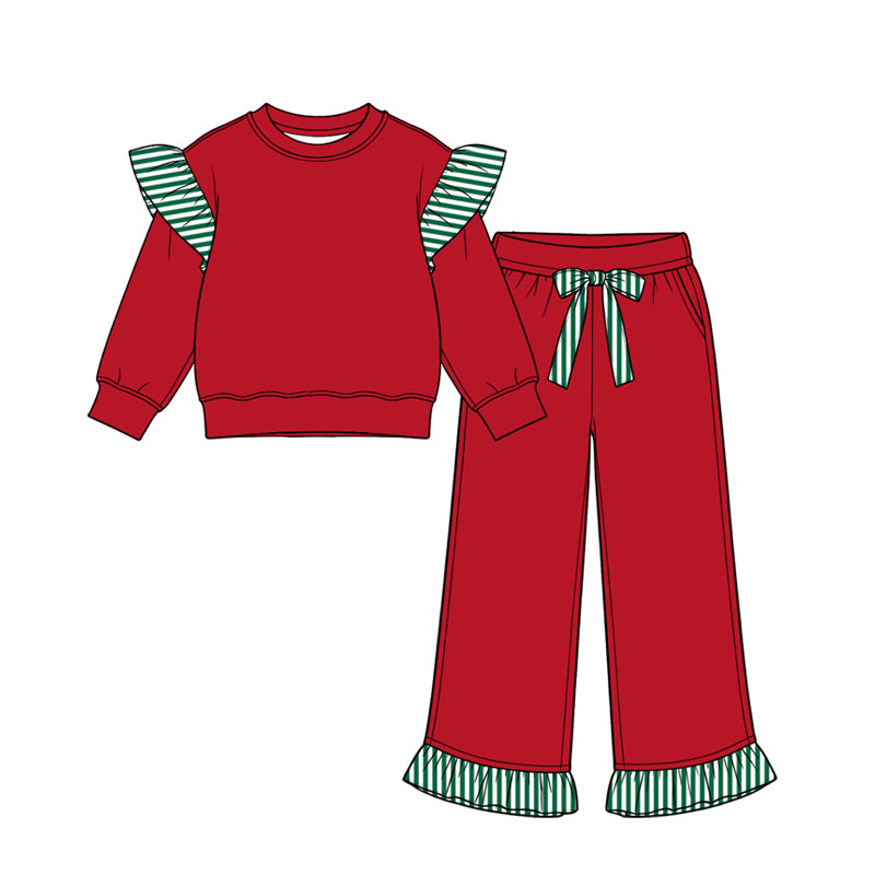 (Preorder new) No moq cotton fabric solid color Baby Girls stripe sweater Flutter sleeves long sleeve set