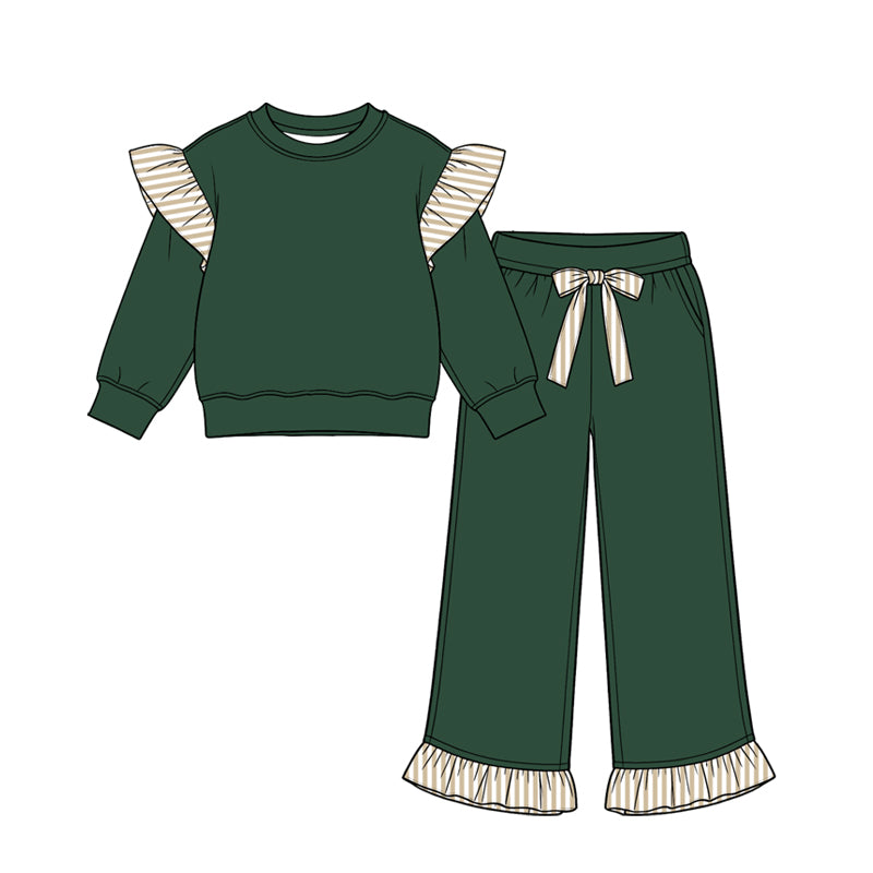 (Preorder new) No moq cotton fabric solid color Baby Girls stripe sweater Flutter sleeves long sleeve set