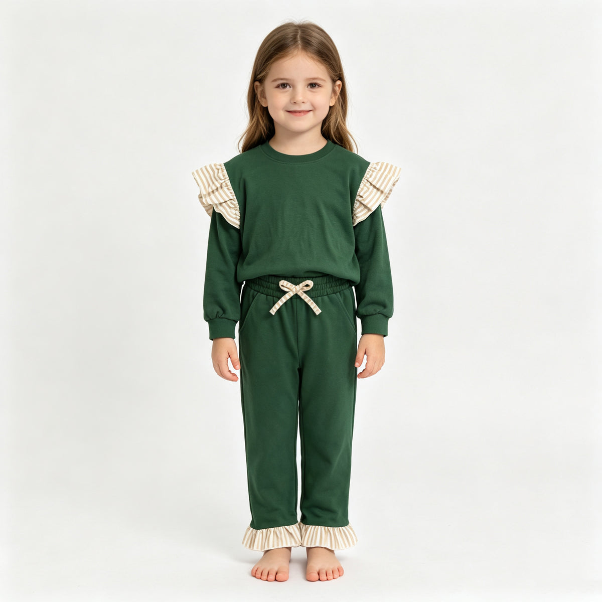 (Sample) No moq milk silk GLP3698（GT1845+P1154）Baby Girls Green Stripe Flutter Sleeve Top Pockets Ruffle Pant Clothes Set