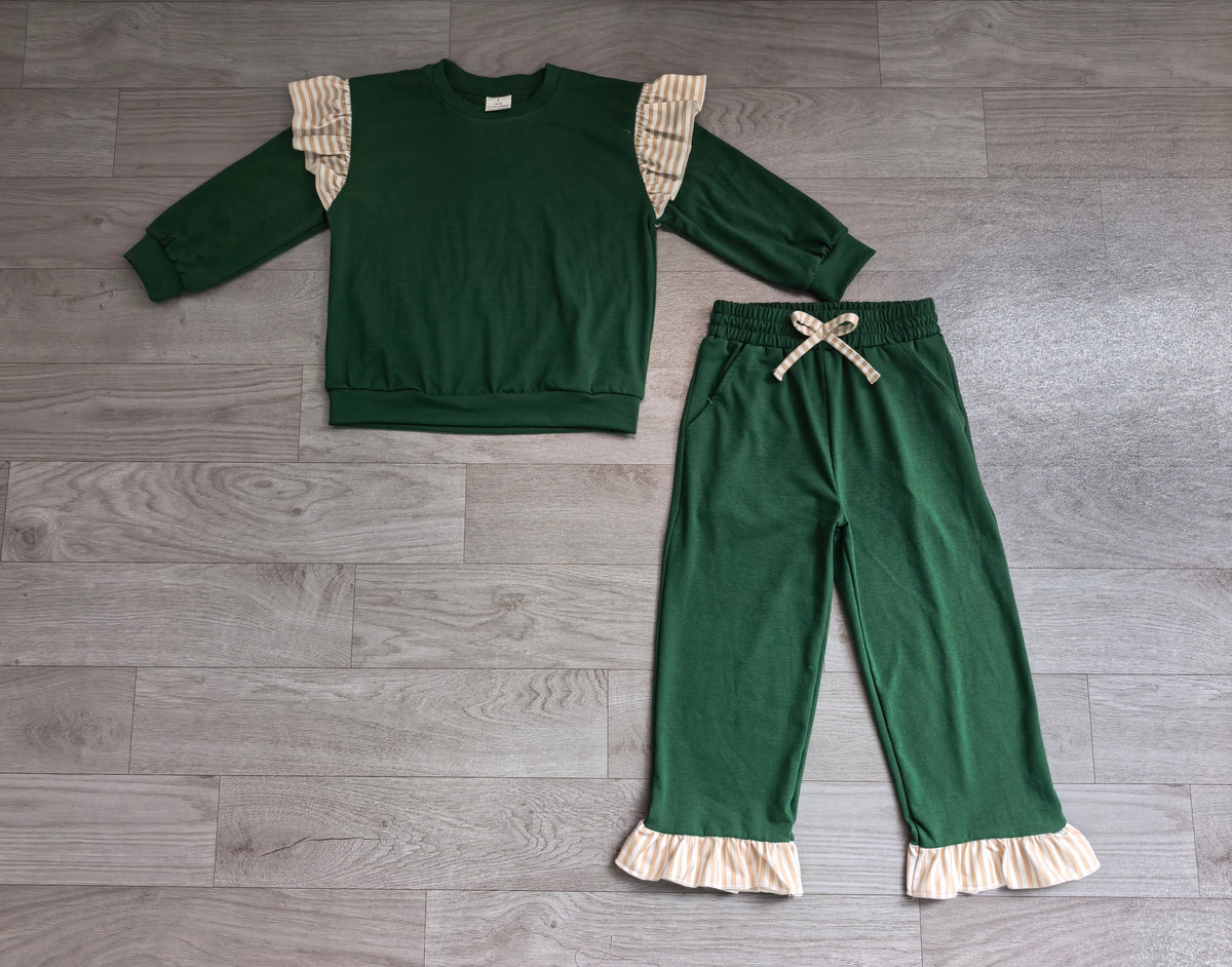 (Sample) No moq milk silk GLP3698（GT1845+P1154）Baby Girls Green Stripe Flutter Sleeve Top Pockets Ruffle Pant Clothes Set