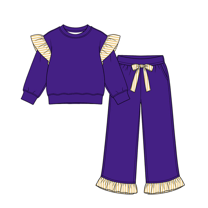 (Preorder new) No moq cotton fabric solid color Baby Girls stripe sweater Flutter sleeves long sleeve set