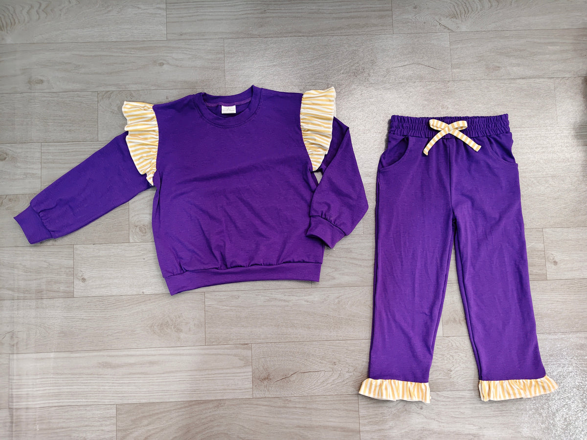 (Sample) No moq cotton GLP3699（GT1846+P1155）Baby Girls Purple Stripe Flutter Sleeve Top Pockets Ruffle Pant Clothes Set