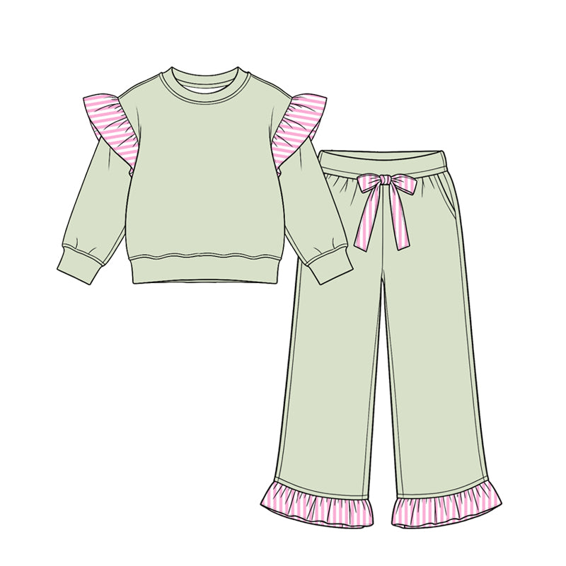 (Preorder new) No moq cotton fabric solid color Baby Girls stripe sweater Flutter sleeves long sleeve set