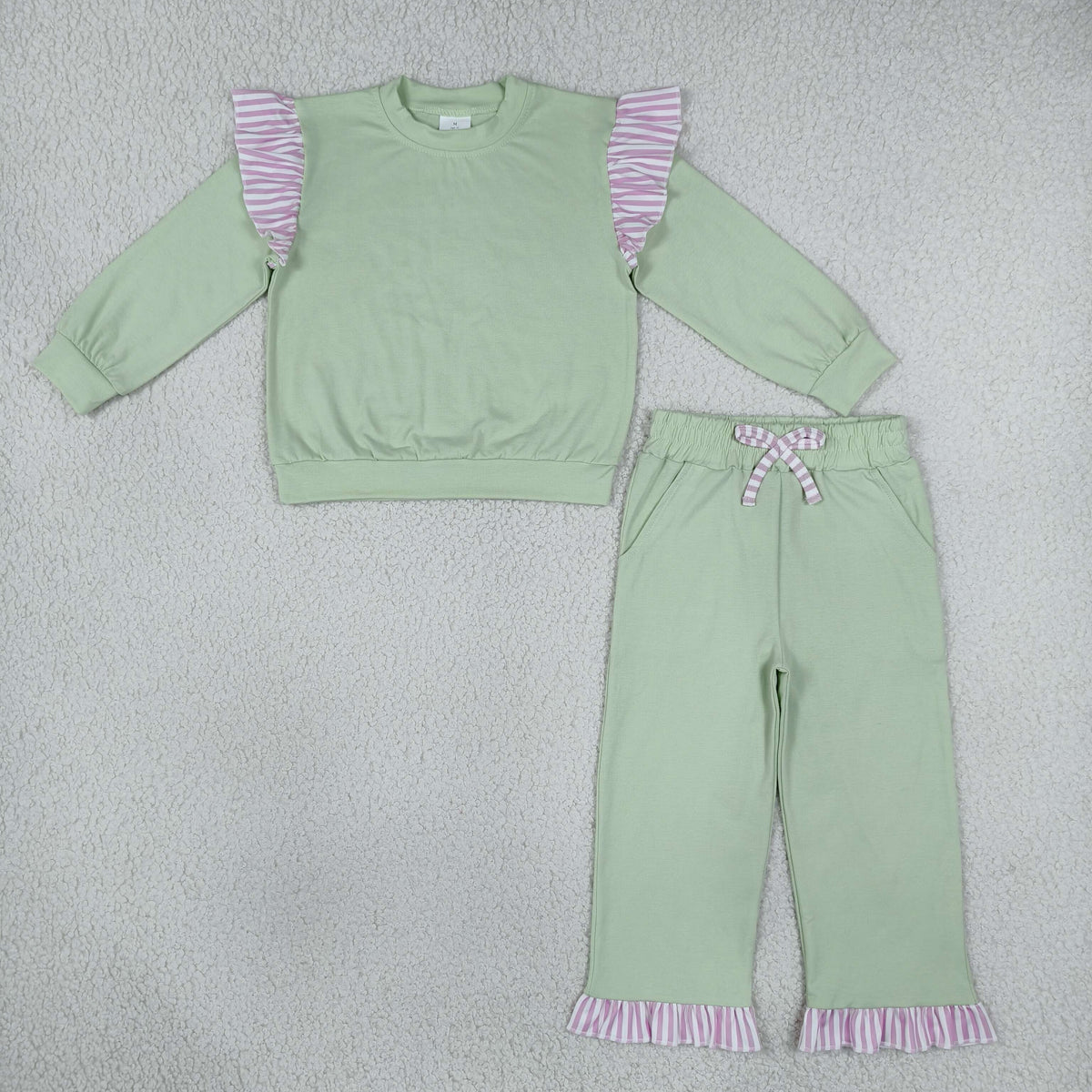 RTS NO MOQ Sibling cotton Baby Girls Solid Color Stripe Ruffle Sleeve Top Ruffle Hem Pant Clothes Set