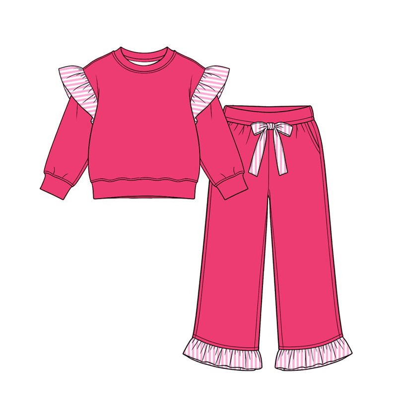 (Preorder new) No moq cotton fabric solid color Baby Girls stripe sweater Flutter sleeves long sleeve set