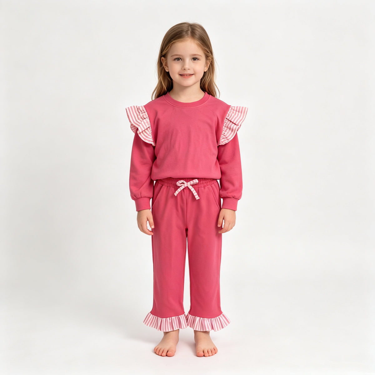 (Sample) No moq milk silk GLP3701（GT1848+P1157）Baby Girls Watermelon Red Stripe Flutter Sleeve Top Pockets Ruffle Pant Clothes Set