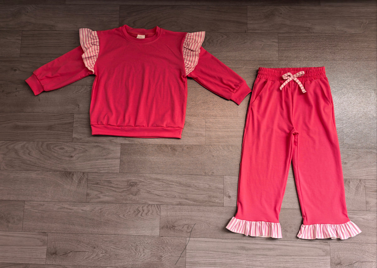 (Sample) No moq milk silk GLP3701（GT1848+P1157）Baby Girls Watermelon Red Stripe Flutter Sleeve Top Pockets Ruffle Pant Clothes Set
