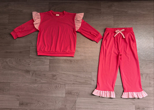 (Sample) No moq milk silk GLP3701（GT1848+P1157）Baby Girls Watermelon Red Stripe Flutter Sleeve Top Pockets Ruffle Pant Clothes Set