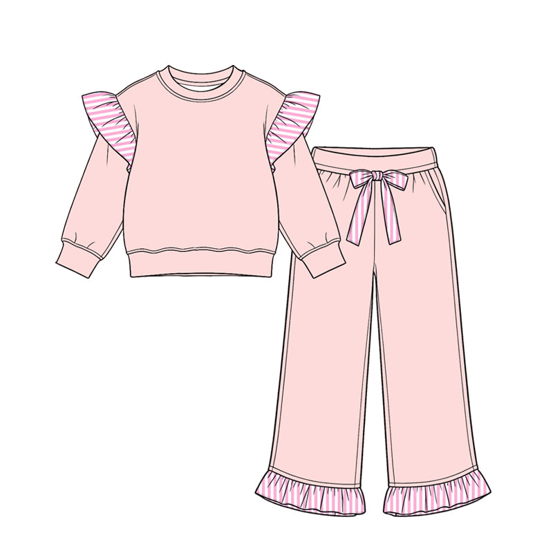 (Preorder new) No moq cotton fabric solid color Baby Girls stripe sweater Flutter sleeves long sleeve set