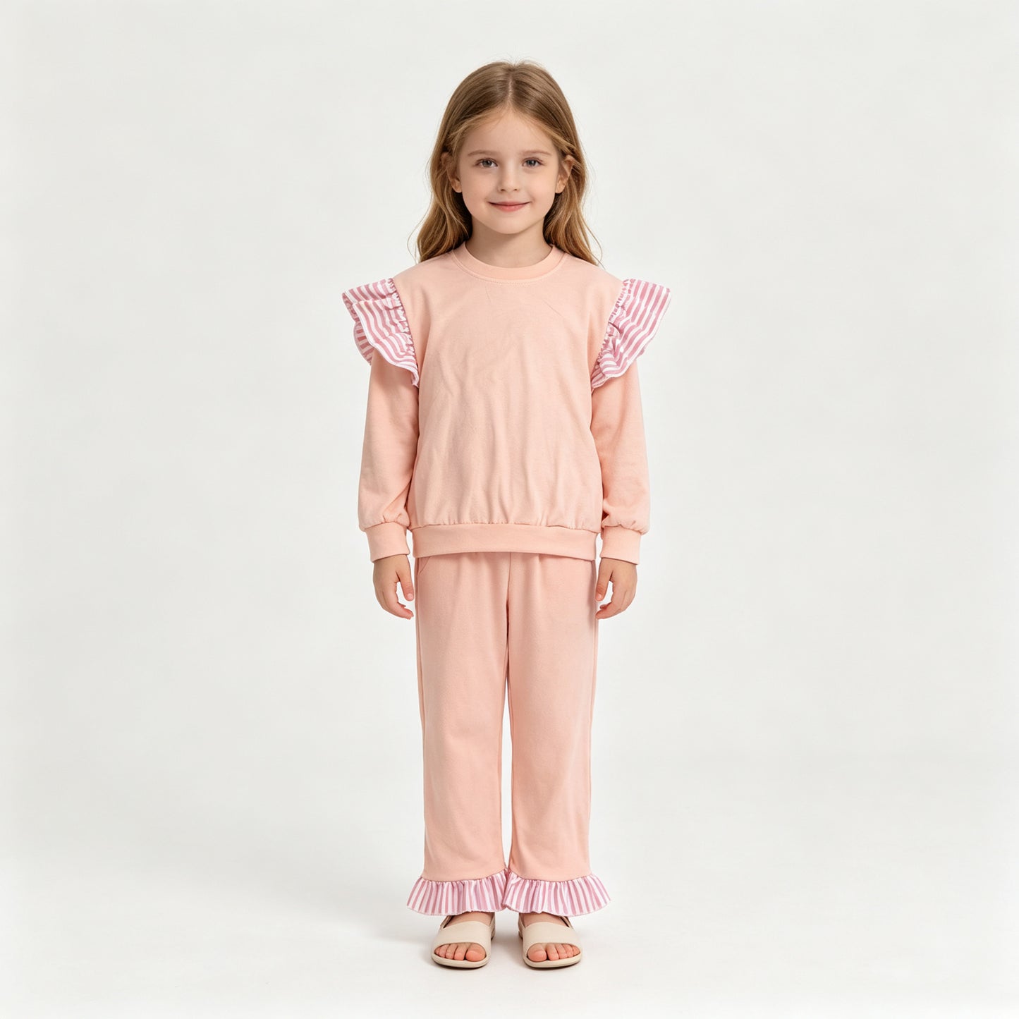 (Sample) No moq milk silk GLP3702（GT1849+P1151）Baby Girls Light Pink Stripe Flutter Sleeve Top Pockets Ruffle Pant Clothes Set
