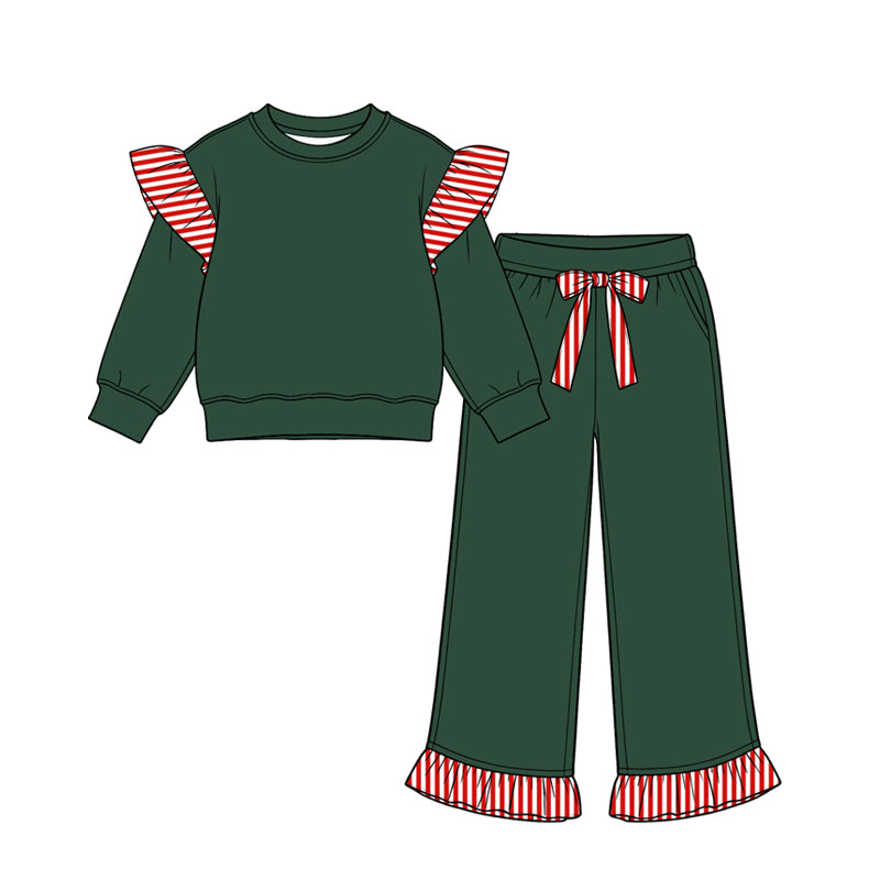 (Preorder new) No moq cotton fabric solid color Baby Girls stripe sweater Flutter sleeves long sleeve set