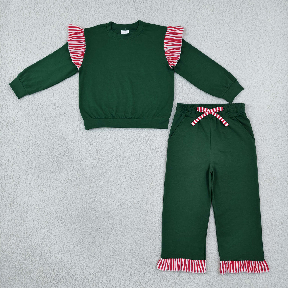RTS NO MOQ Sibling cotton Baby Girls Solid Color Stripe Ruffle Sleeve Top Ruffle Hem Pant Clothes Set