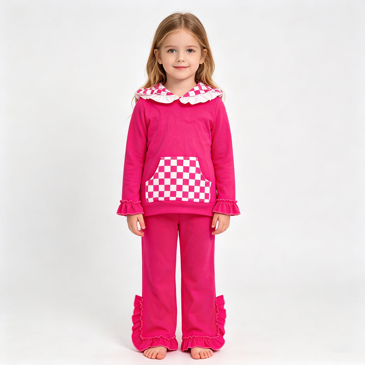 (Sample) No moq cotton GLP3709（GT1851+P1161）Baby Girls Hot Pink Checked Pocket Hoodie Ruffle Pant Outfit