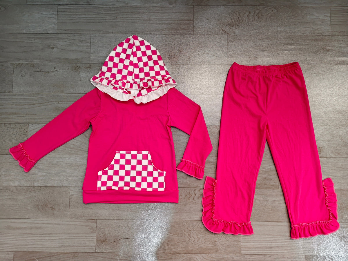 (Sample) No moq cotton GLP3709（GT1851+P1161）Baby Girls Hot Pink Checked Pocket Hoodie Ruffle Pant Outfit