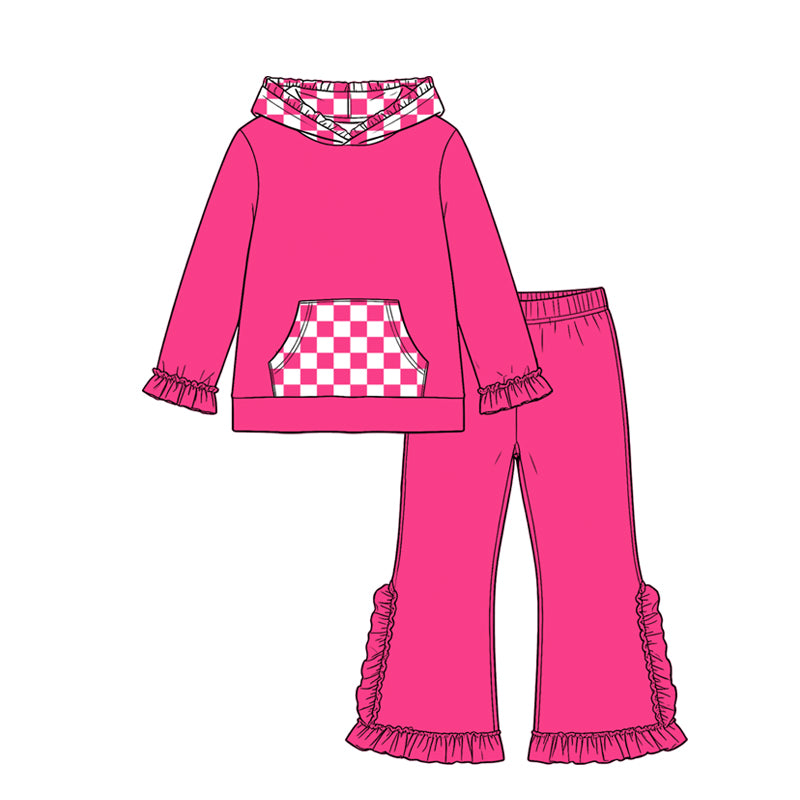 (Preorder new) No moq Baby Girls Checked Pocket Hoodie Ruffle Pant Clothes Set Casual Outfit