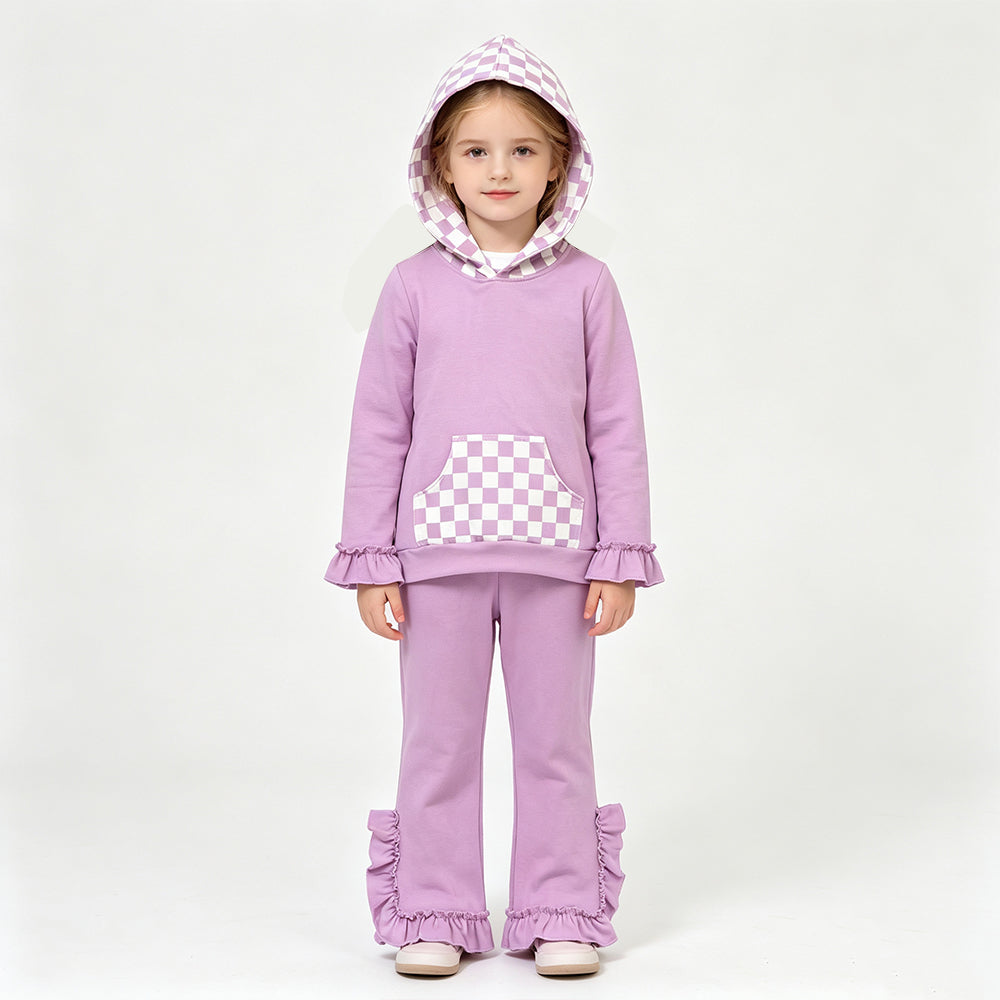 (Sample) No moq milk silk GLP3710（GT1852+P1162）Baby Girls Lavender Checked Pocket Hoodie Ruffle Pant Outfit