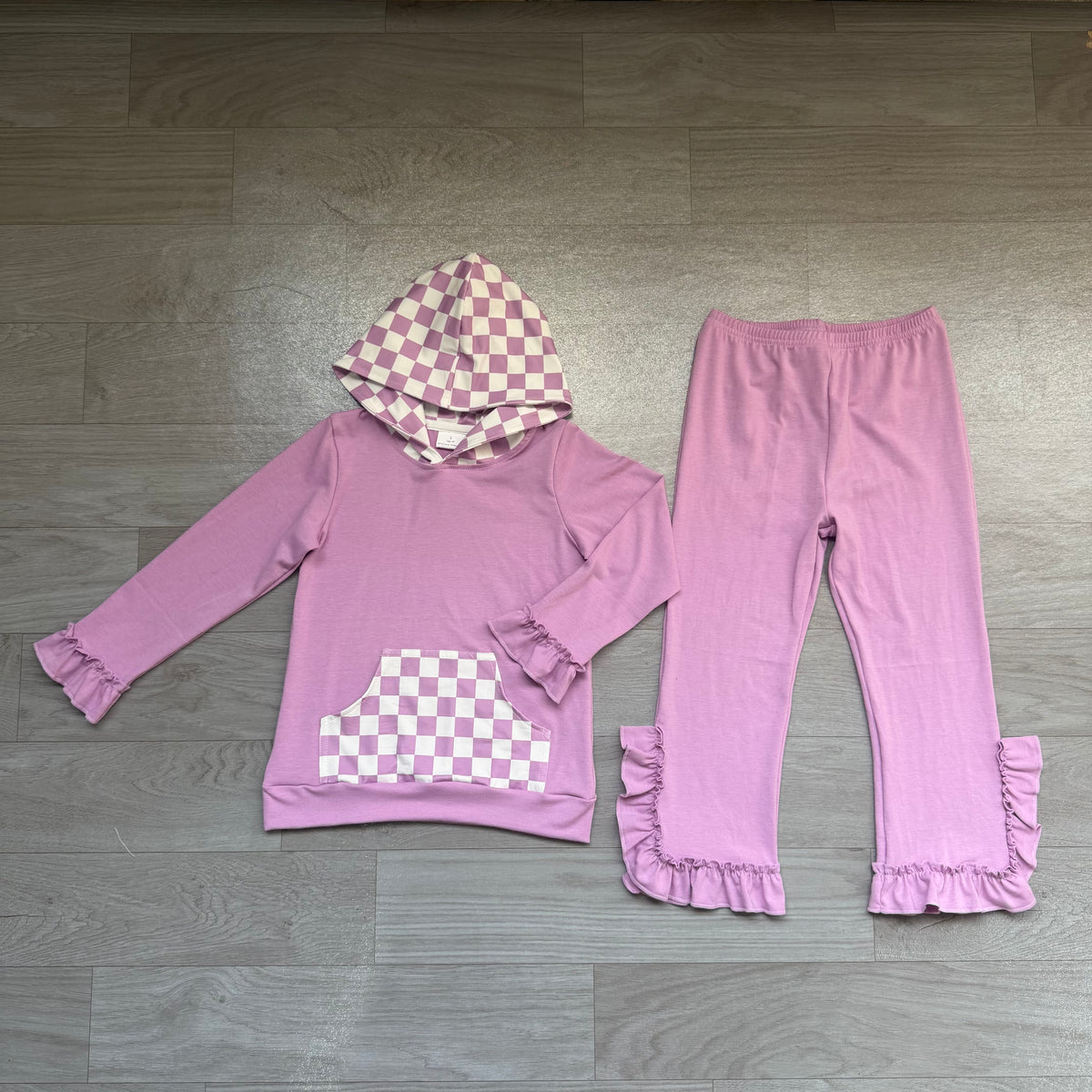 (Sample) No moq milk silk GLP3710（GT1852+P1162）Baby Girls Lavender Checked Pocket Hoodie Ruffle Pant Outfit