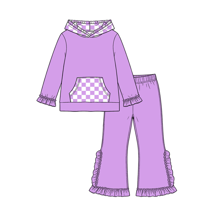 (Preorder new) No moq Baby Girls Checked Pocket Hoodie Ruffle Pant Clothes Set Casual Outfit