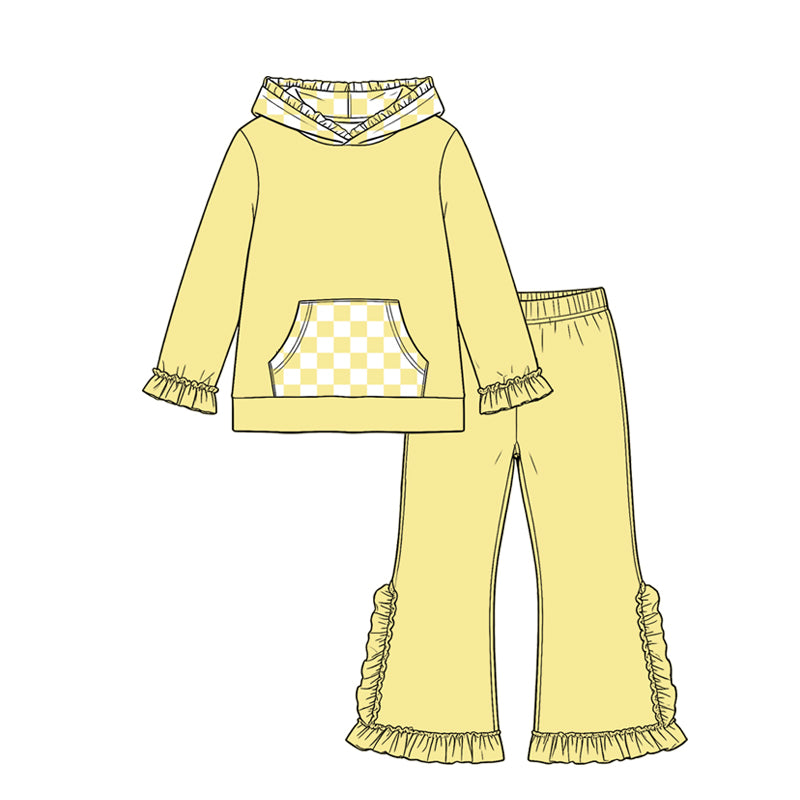 (Preorder new) No moq Baby Girls Checked Pocket Hoodie Ruffle Pant Clothes Set Casual Outfit