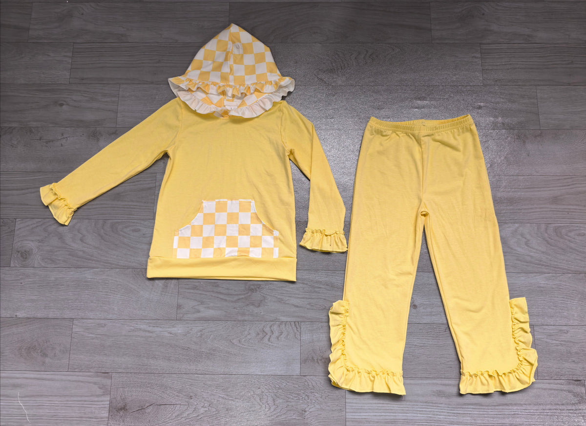 (Sample) No moq milk silk GLP3711（GT1853+P1163）Baby Girls Yellow Check Hoodie With Pockets Ruffle Pant Casual Set