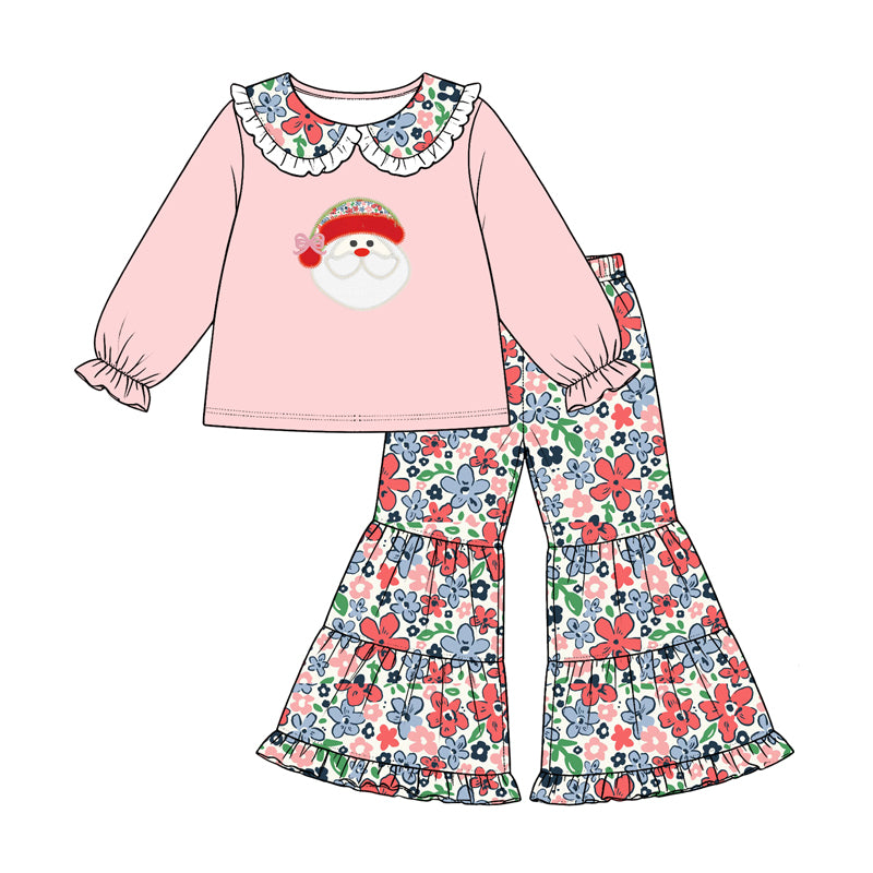 (Preorder new) No moq Baby Girls Christmas Santa Long Sleeve Top Bell Bottom Pant Clothes Set Rompers Dress