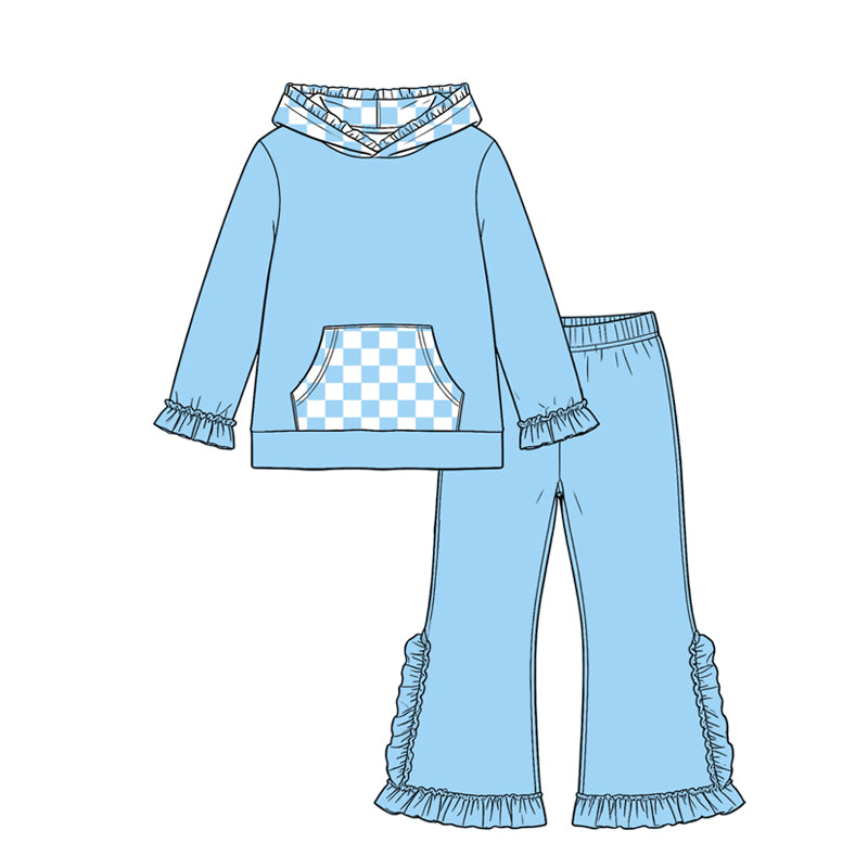 (Preorder new) No moq Baby Girls Checked Pocket Hoodie Ruffle Pant Clothes Set Casual Outfit