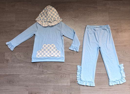 (Sample) No moq milk silk GLP3713（GT1854+P1164）Baby Girls Blue Checked Hoodie With Pockets Ruffle Pant Casual Set