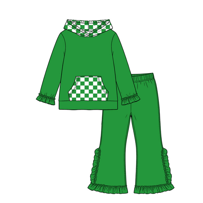 (Preorder new) No moq Baby Girls Checked Pocket Hoodie Ruffle Pant Clothes Set Casual Outfit