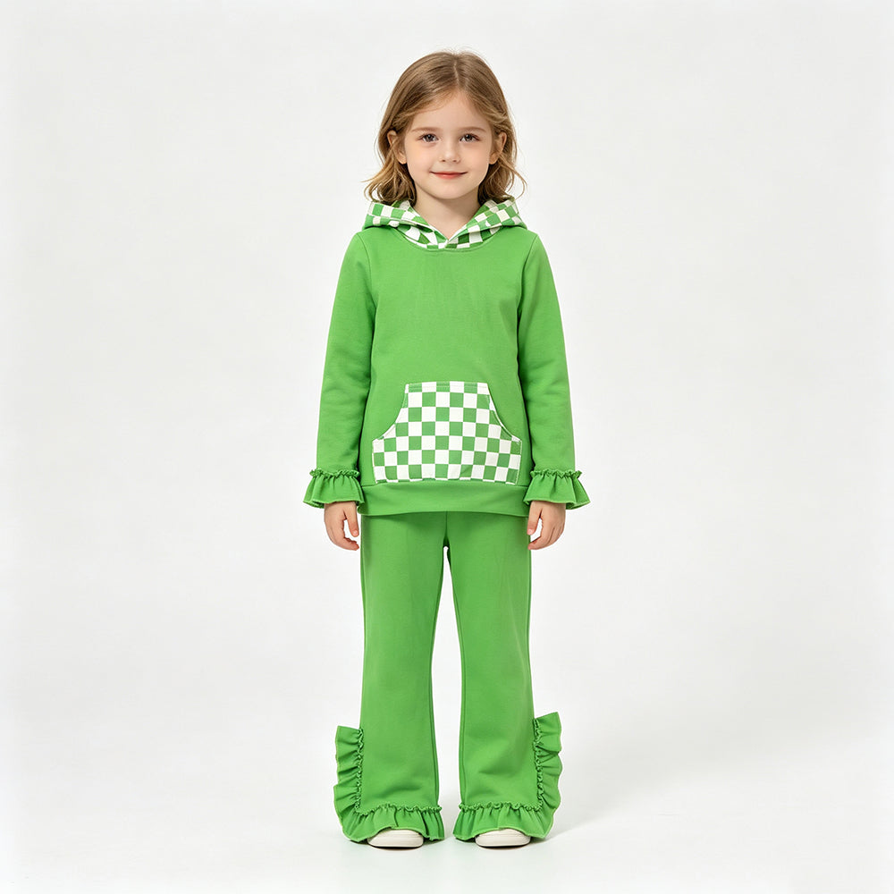 (Sample) No moq milk silk GLP3714（GT1855+P1165）Baby Girls Green Checked Pocket Hoodie Ruffle Pant Outfit