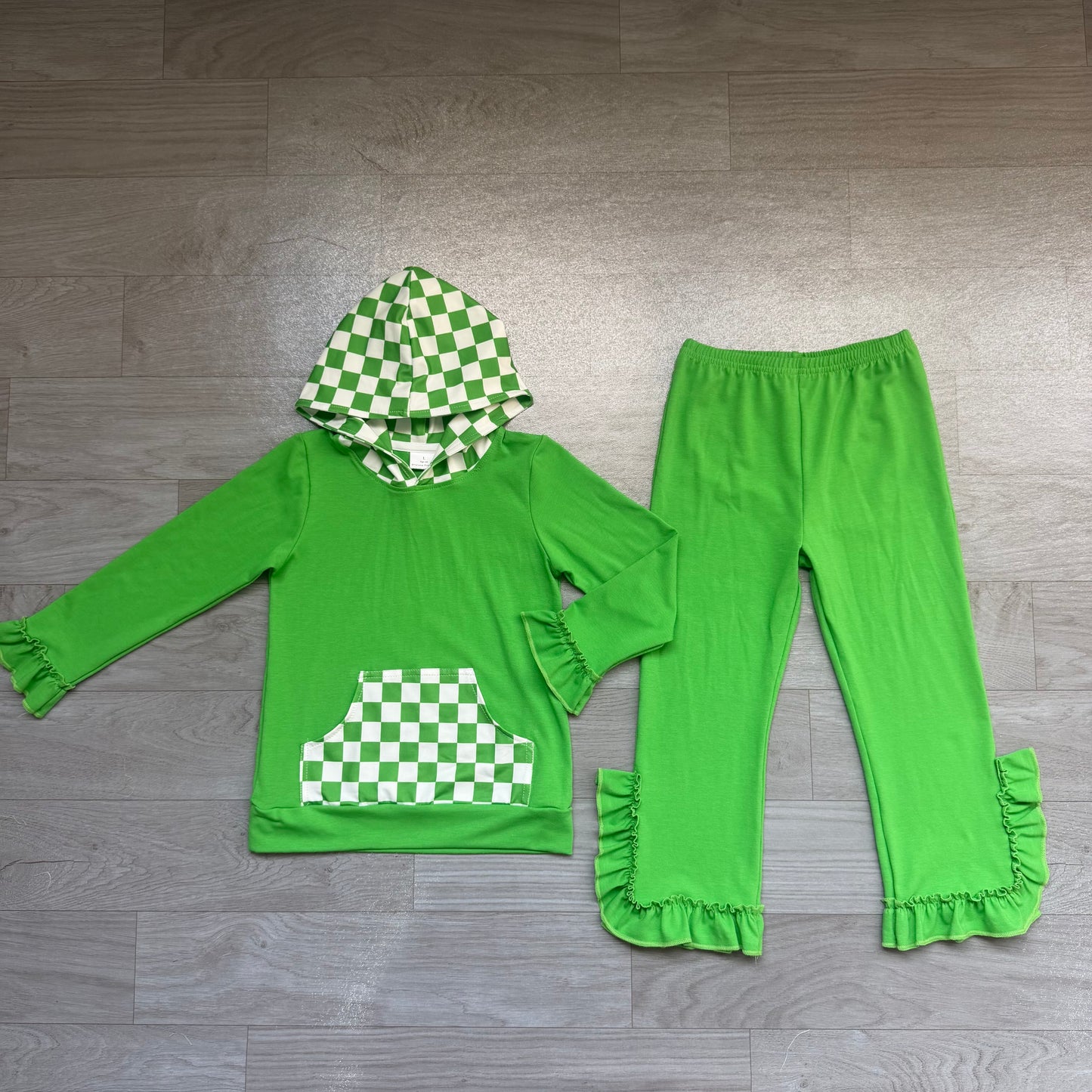 (Sample) No moq milk silk GLP3714（GT1855+P1165）Baby Girls Green Checked Pocket Hoodie Ruffle Pant Outfit