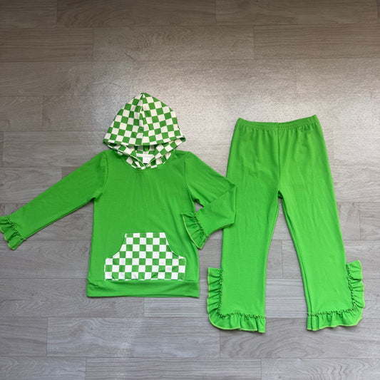 (Sample) No moq milk silk GLP3714（GT1855+P1165）Baby Girls Green Checked Pocket Hoodie Ruffle Pant Outfit