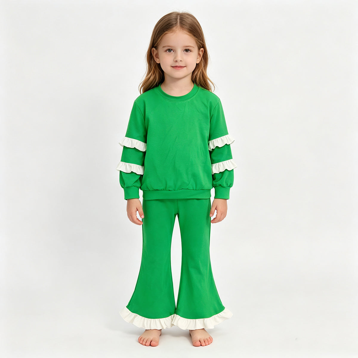 (Sample) No moq cotton GLP3717（GT1858+P1168）Baby Girls Green White Long Sleeve Top Flare Pants Clothes Set