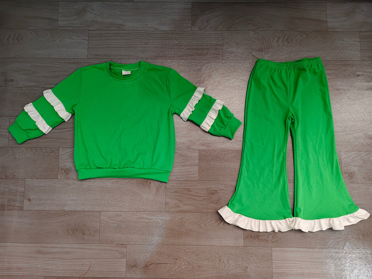(Sample) No moq cotton GLP3717（GT1858+P1168）Baby Girls Green White Long Sleeve Top Flare Pants Clothes Set