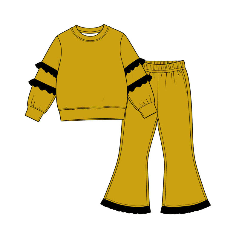 (Preorder new) No moq Baby Girls Solid Color Long Sleeve Top Flare Pants Clothes Set Fall Winter Casual Outfit
