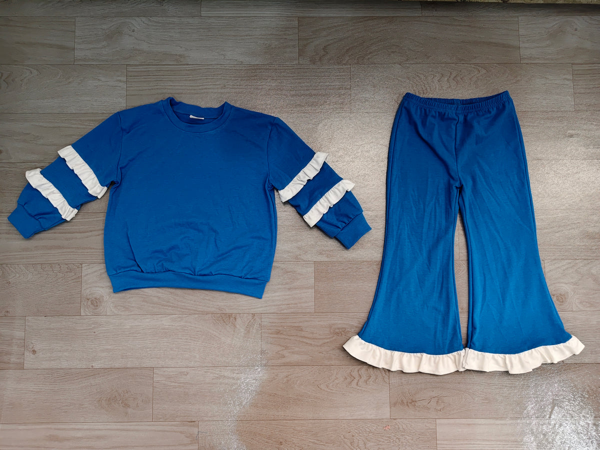 (Sample) No moq cotton GLP3719（GT1860+P1170）Baby Girls Blue White Long Sleeve Top Flare Pants Set