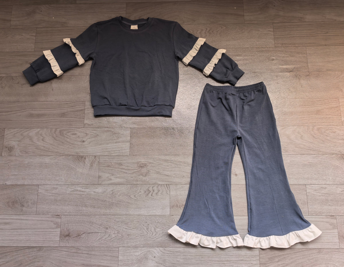 (Sample) No moq cotton GLP3720（GT1861+P1171）Baby Girls Navy White Long Sleeve Top Flare Bell Bottom Pants Clothes Set