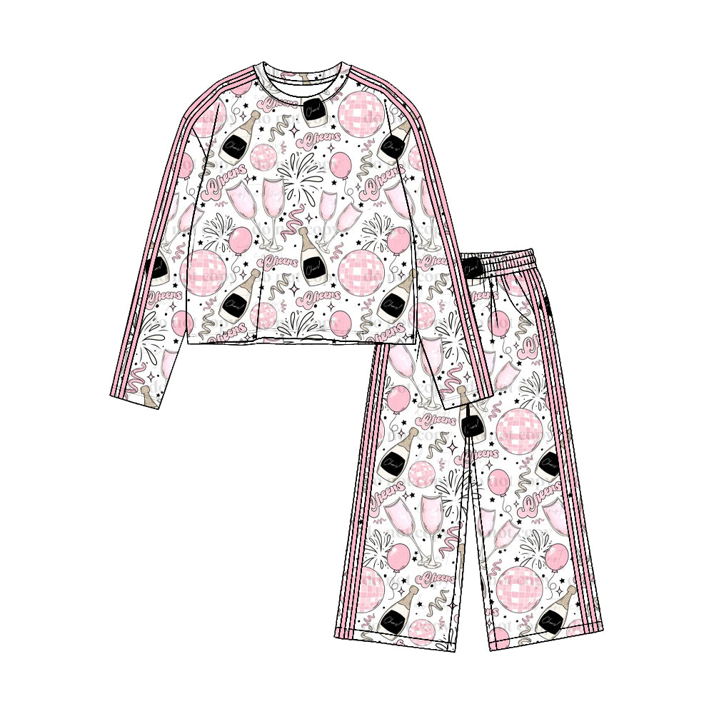 (Preorder new) No moq Yoga Toddler Girls New Year Cheers Print Long Sleeve Side Stripe Wide Leg Pant Set Holiday Kids Outfit