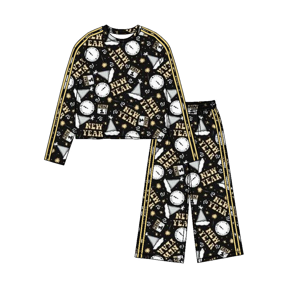 (Preorder new) No moq Yoga Toddler Girls New Year Cheers Print Long Sleeve Side Stripe Wide Leg Pant Set Holiday Kids Outfit