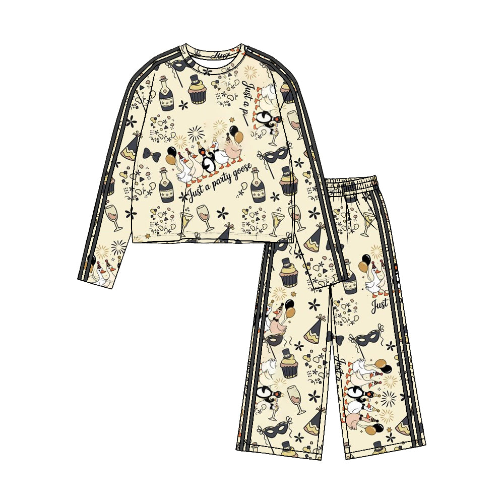 (Preorder new) No moq Yoga Toddler Girls New Year Cheers Print Long Sleeve Side Stripe Wide Leg Pant Set Holiday Kids Outfit