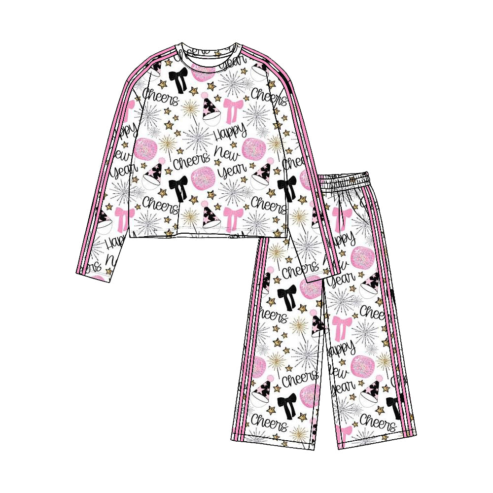 (Preorder new) No moq Yoga Toddler Girls New Year Cheers Print Long Sleeve Side Stripe Wide Leg Pant Set Holiday Kids Outfit