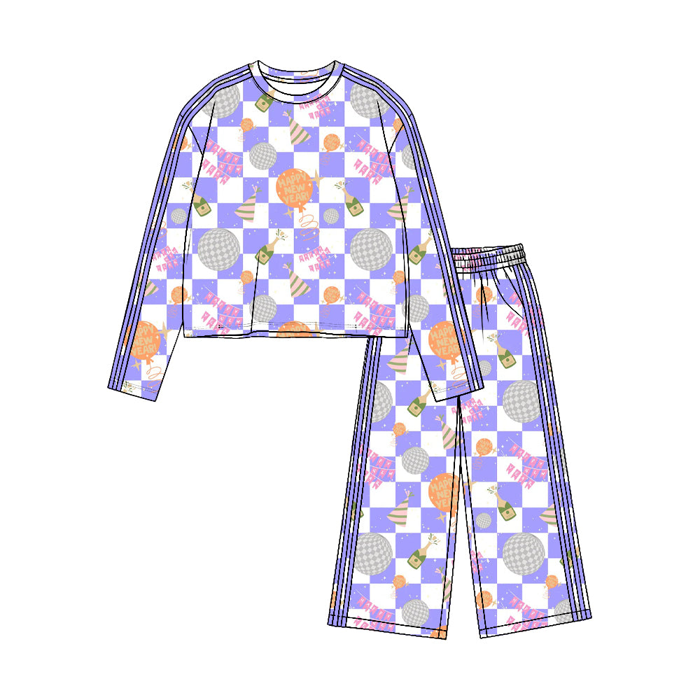 (Preorder new) No moq Yoga Toddler Girls New Year Cheers Print Long Sleeve Side Stripe Wide Leg Pant Set Holiday Kids Outfit