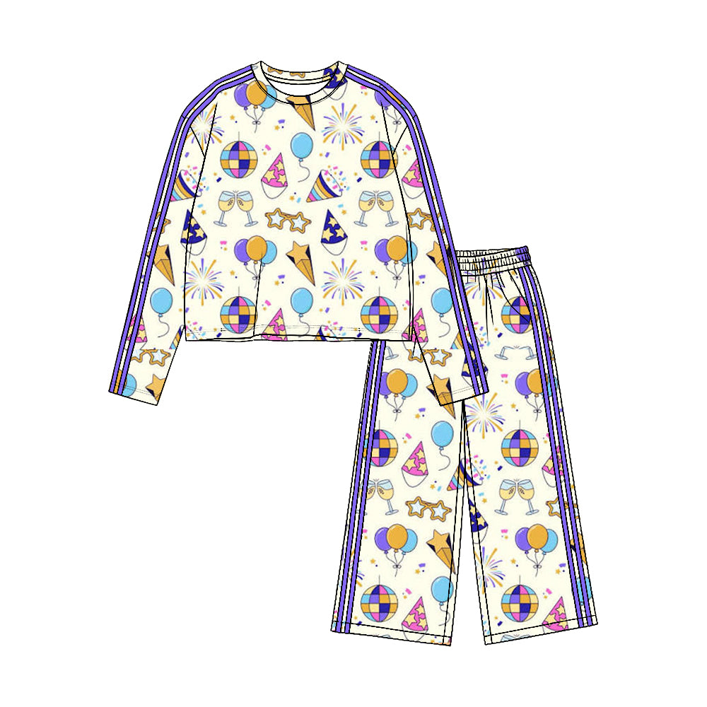 (Preorder new) No moq Yoga Toddler Girls New Year Cheers Print Long Sleeve Side Stripe Wide Leg Pant Set Holiday Kids Outfit
