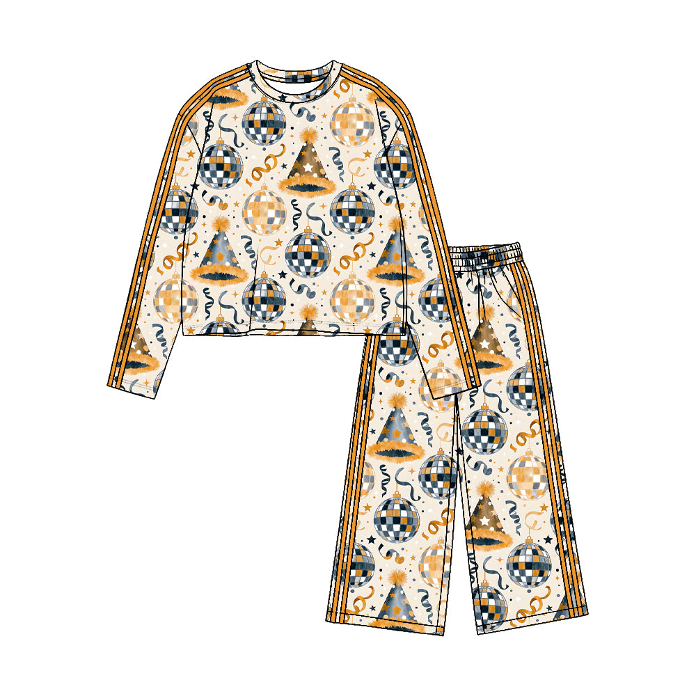 (Preorder new) No moq Yoga Toddler Girls New Year Cheers Print Long Sleeve Side Stripe Wide Leg Pant Set Holiday Kids Outfit
