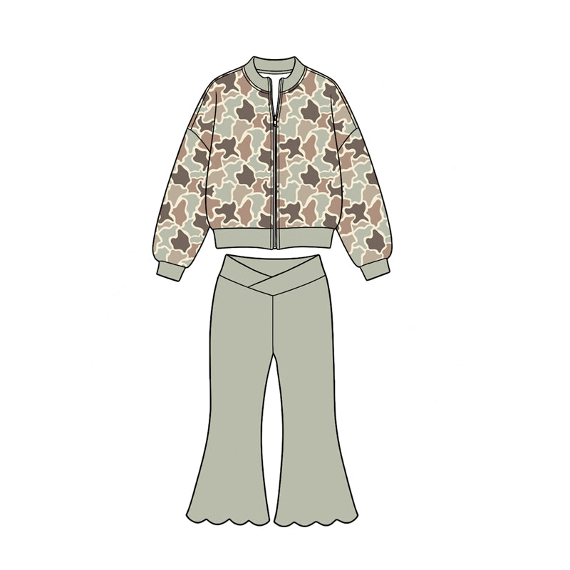 (Preorder new) No moq Yoga Toddler Girls Camo Long Sleeve Zip Jacket And Scallop Hem Flare Pant Fall Kids Outfit