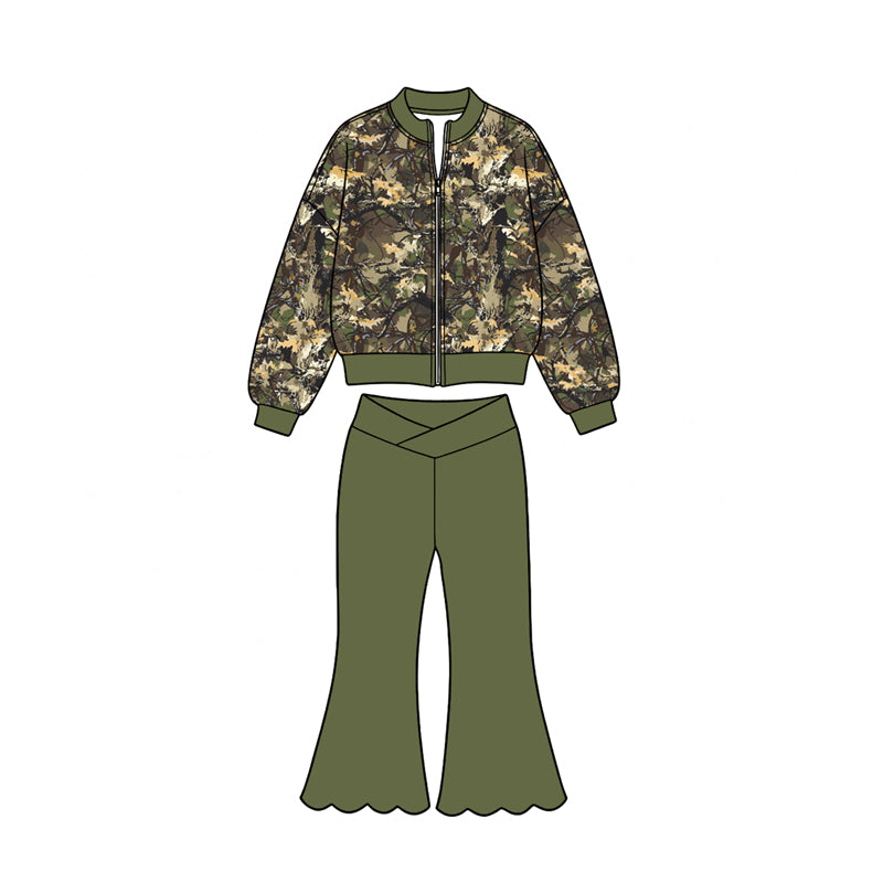 (Preorder new) No moq Yoga Toddler Girls Camo Long Sleeve Zip Jacket And Scallop Hem Flare Pant Fall Kids Outfit
