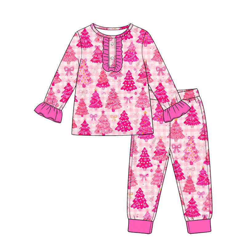 (Preorder new) No moq Baby Girls Pink Checked Bows Trees Button Top Pant Christmas Pajamas Set Sleepwear Outfit Dress Newborn Rompers
