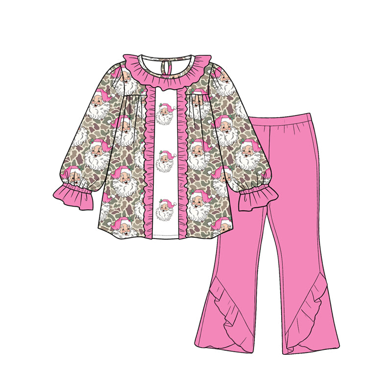 (Preorder new) No moq Baby Girls Khaki Camo Santa Tunic Bell Bottom Pant Christmas Clothes Set Fall Winter Outfit Dress
