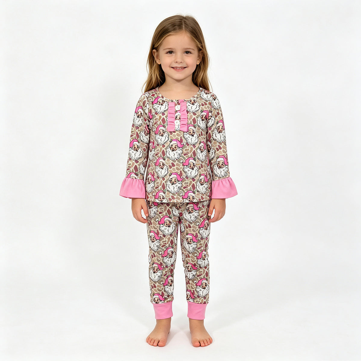 (Sample) No moq milk silk GLP3734 Baby Girls Christmas Khaki Camo Santa Button Detail Top Elastic Waist Pant Pajamas Set